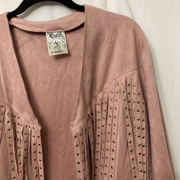 Vocal USA Pink Faux Suede Open Front Coatigan w/Studded Fringe & Pockets - 1X - Picture 3 of 10